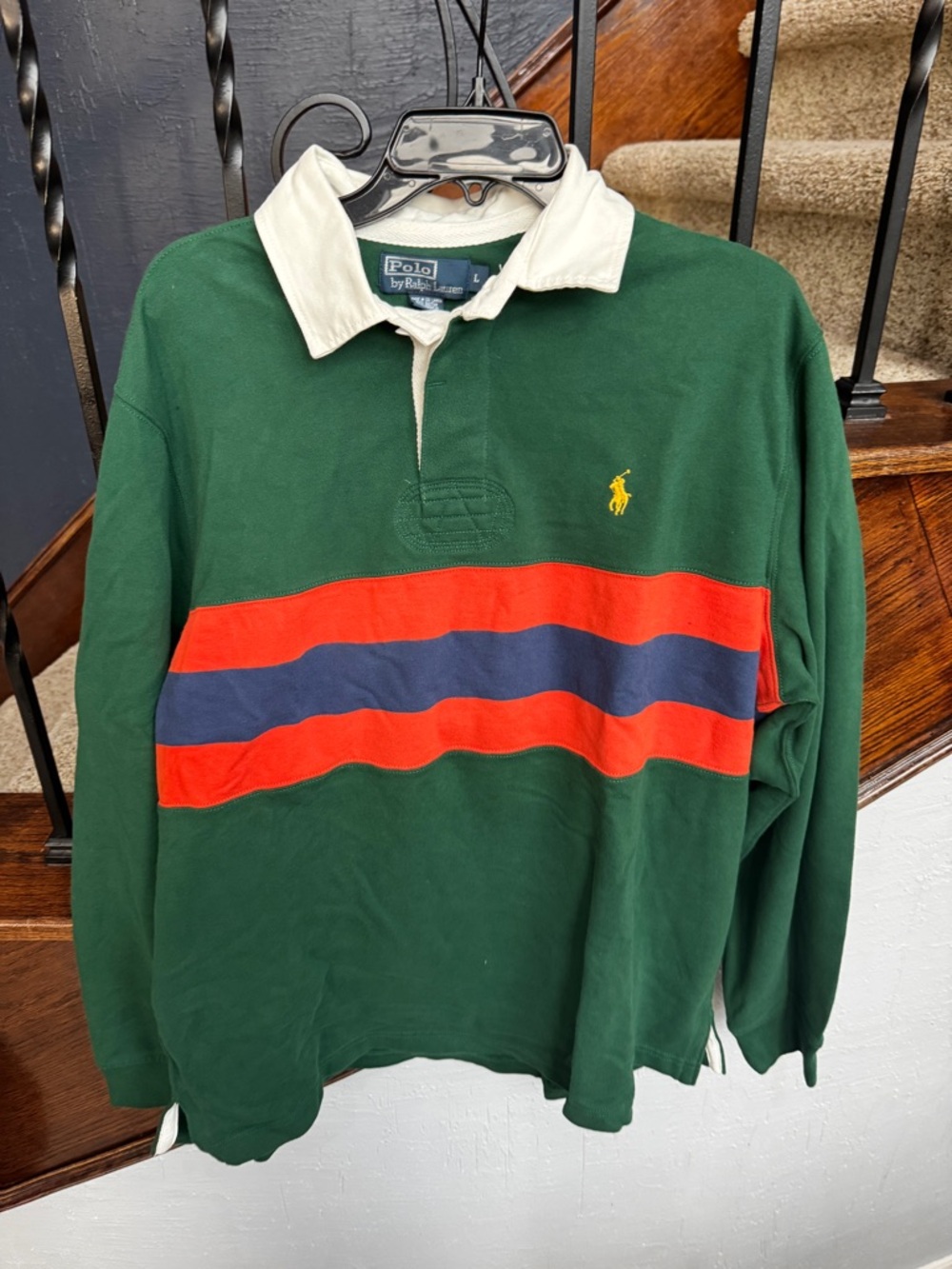 NEW Large Polo by Ralph Lauren Green Rugby with Red & Navy Stripes shirt - Picture 2 of 11